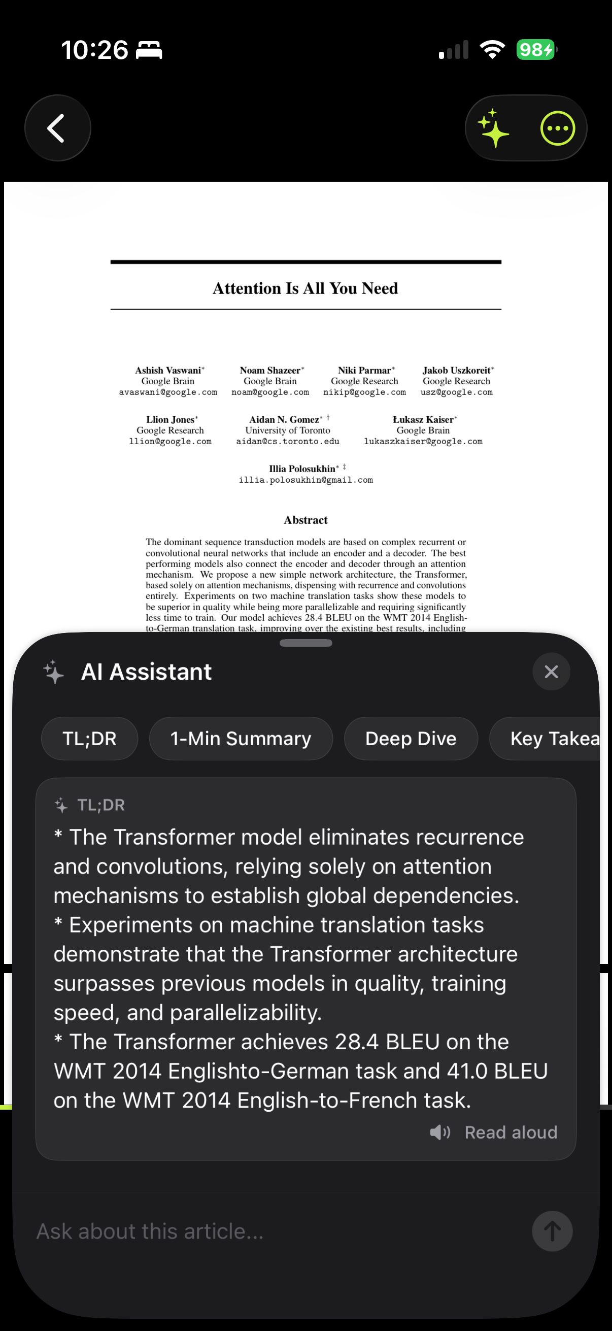 AI assistant summarizing a research paper